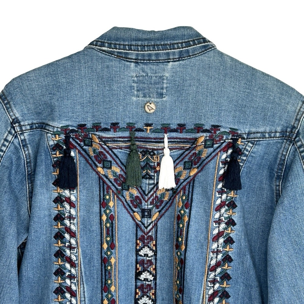 Greenfield Denim Jacket L Boho Festival Indie Western Embroidered Aztec Tassel - Picture 3 of 9